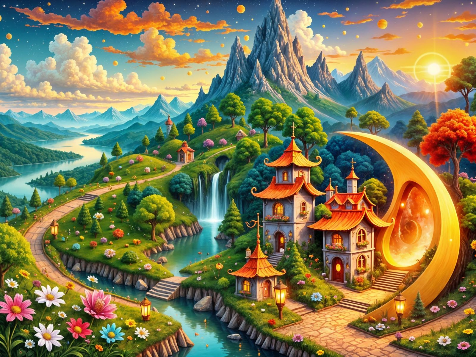 Miniature Village Inside Ornate Crescent Moon