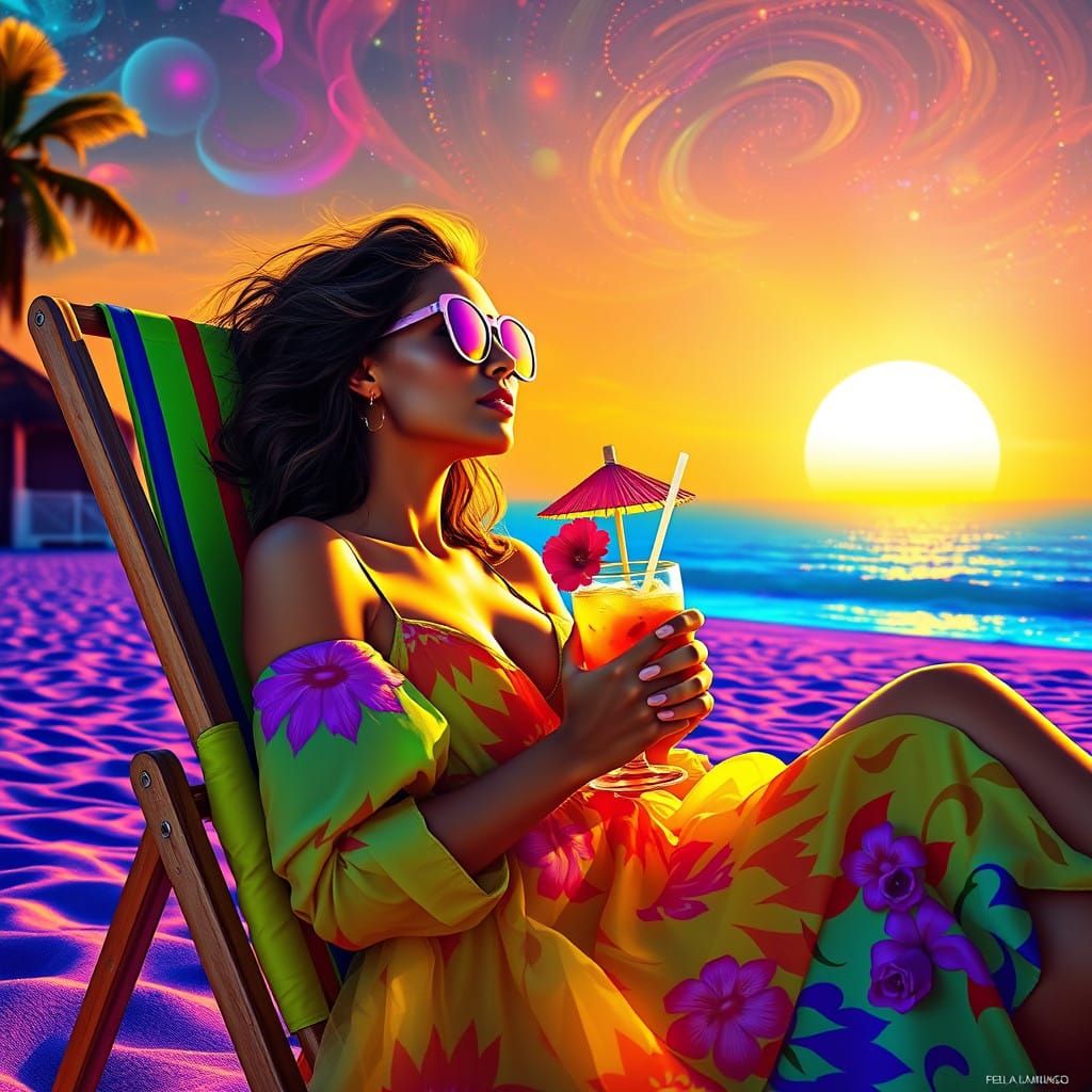 Ethereal Sunset Goddess in Vibrant Beach Scene