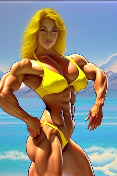 Female Bodybuilder in Bikini, Anime Style Portrait