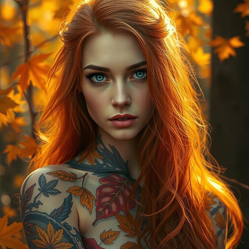 Autumn Goddess with Leaf Tattoos in Digital Art Style