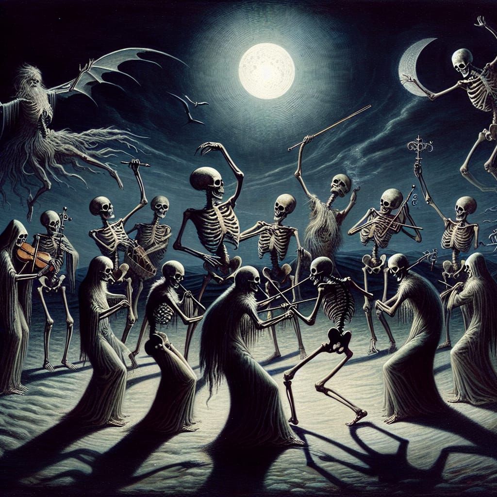 Skeletal Dance under a Midnight Sky in Medieval Style