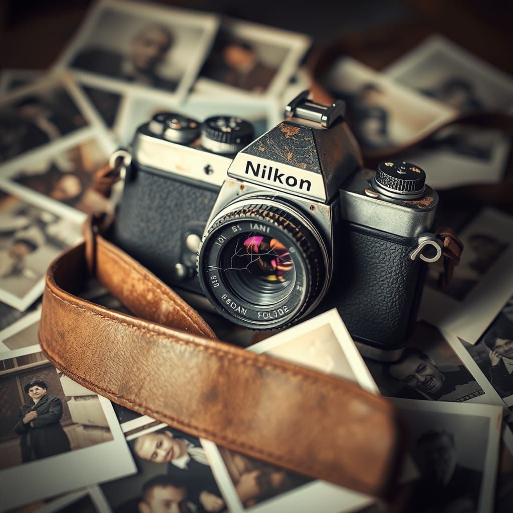 Distressed Nikon Camera in Film-Noir Nostalgia
