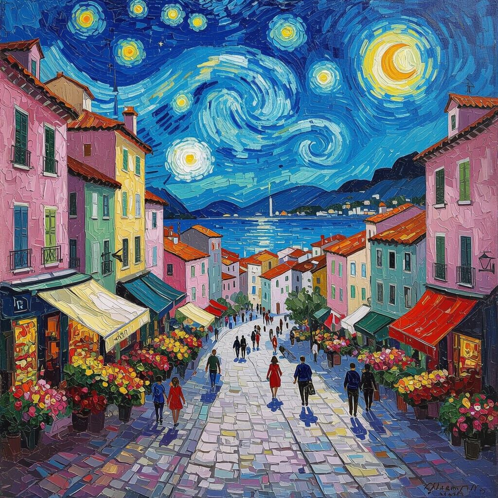 Vibrant Coastal City in Van Gogh Style