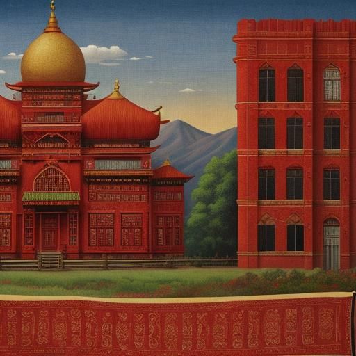 Oriental Building on Red Tapestry