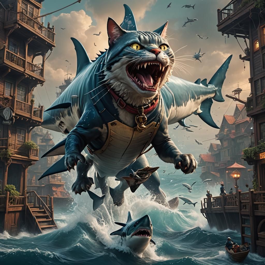 Cat Riding a Shark: Detailed Fantasy Art