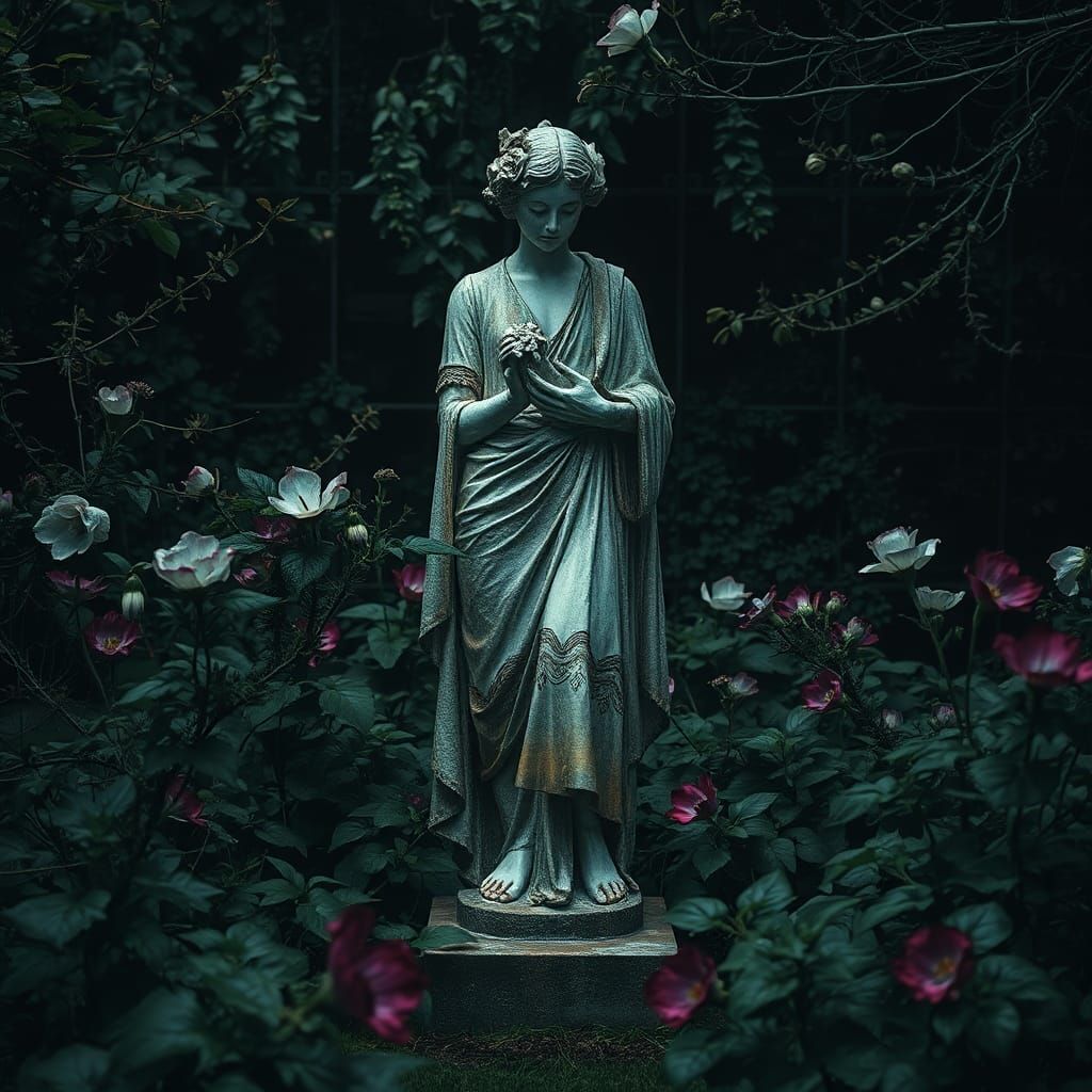 Surreal Statue Overgrown in Dark Garden