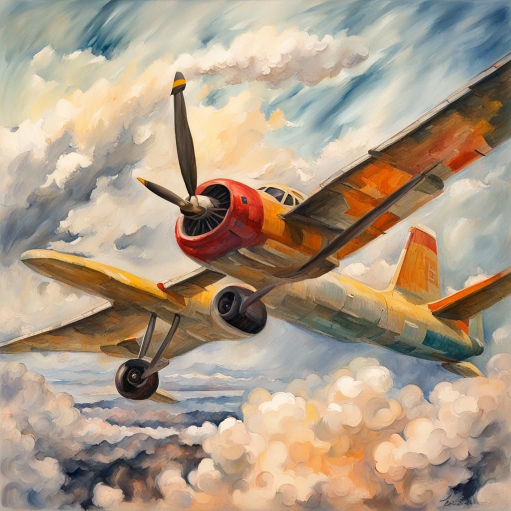 Plane in Flight: Gouache Watercolor Impressionist Painting
