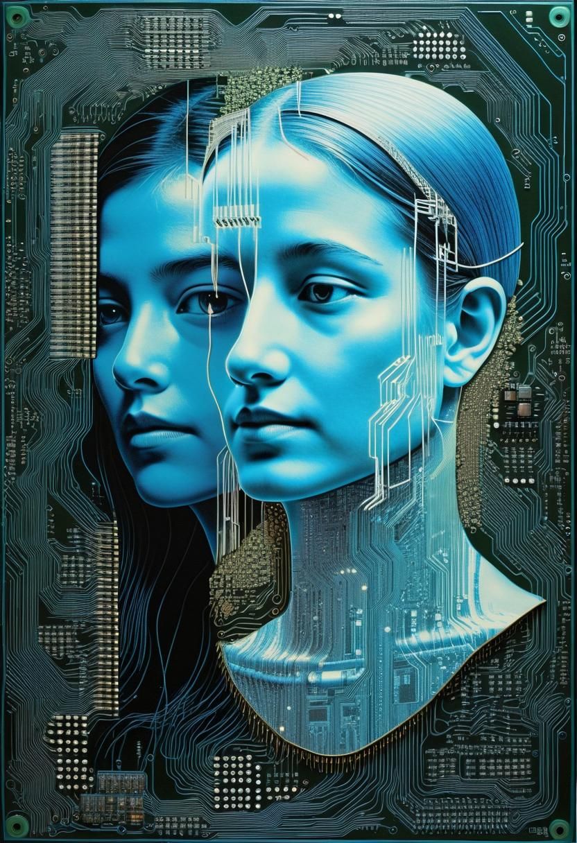 Circuit Board Art of Sisters Sharing Secrets