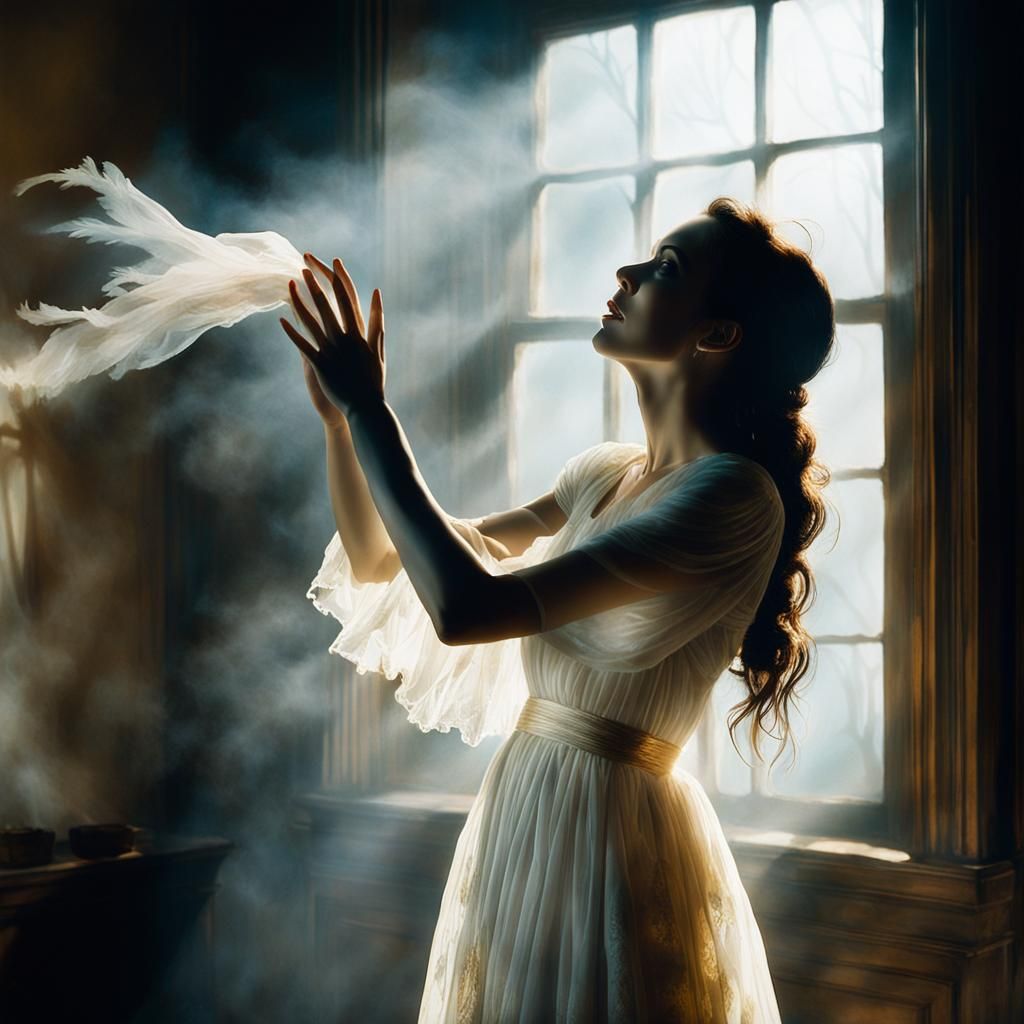 Ethereal Woman Reaching for Loved One: Cinematic Gouache