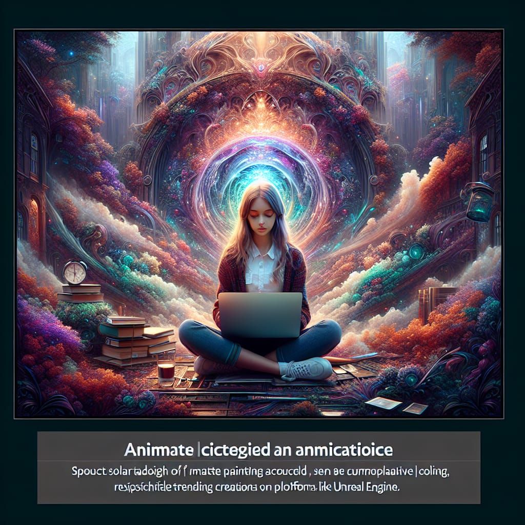 Animated Student Girl with Laptop in Fantasy World