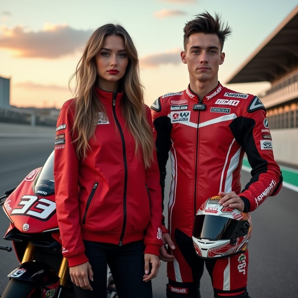 Woman in Red Ducati Jacket Stands Beside Racing Driver on Mo...