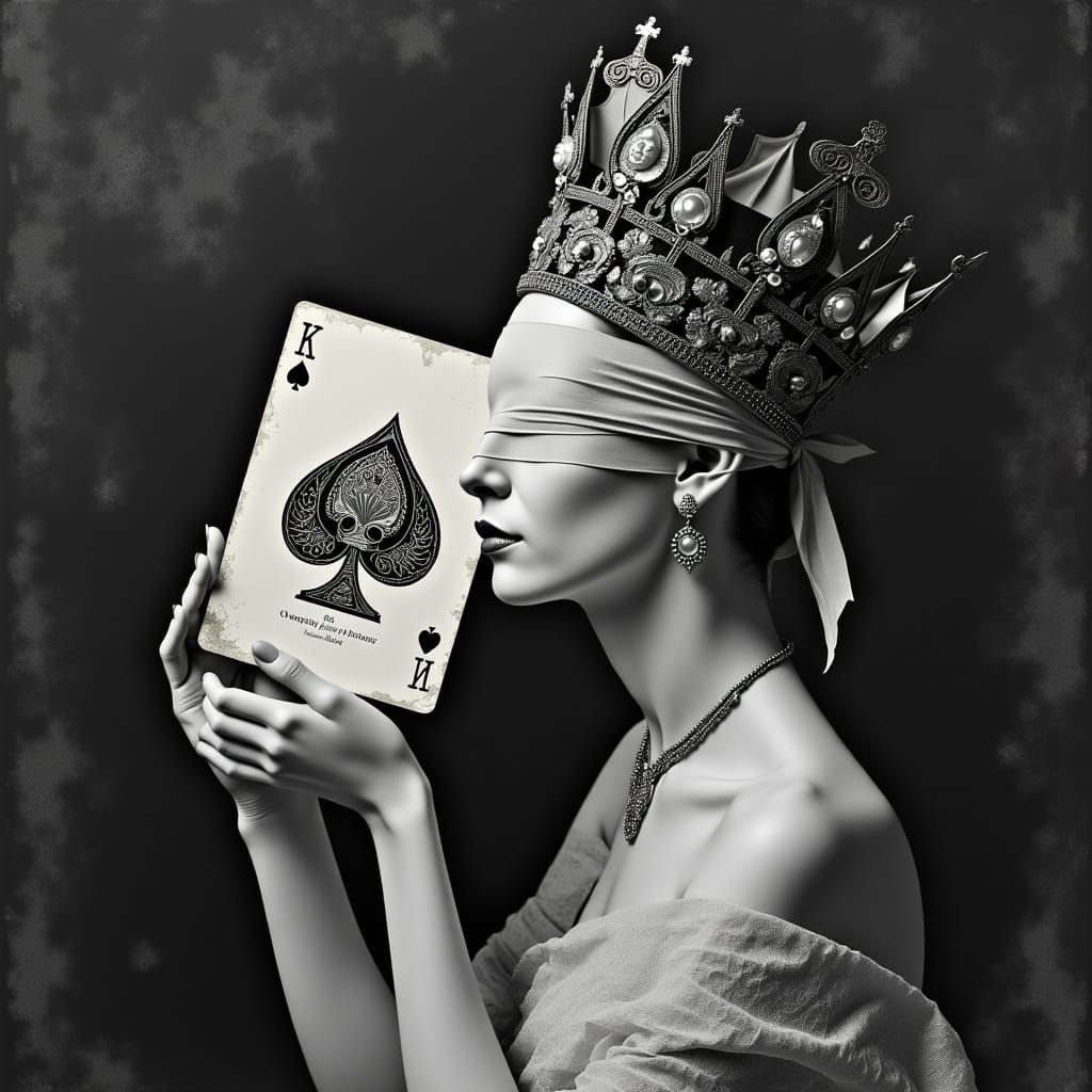 Blindfolded Chess Queen Holding King of Spades