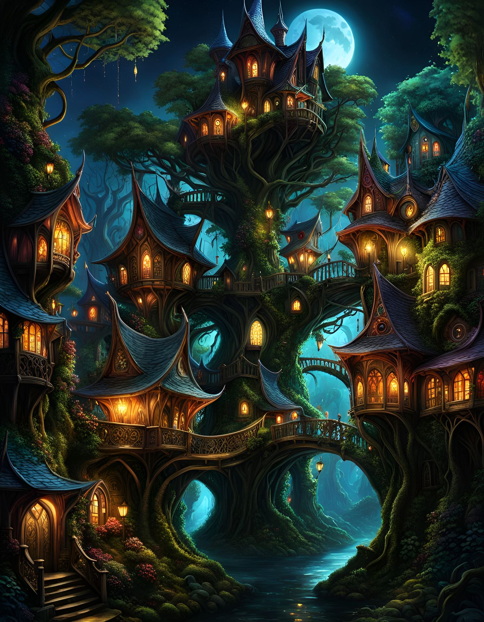 Dark Fantasy Elven Village in a Goblincore Forest