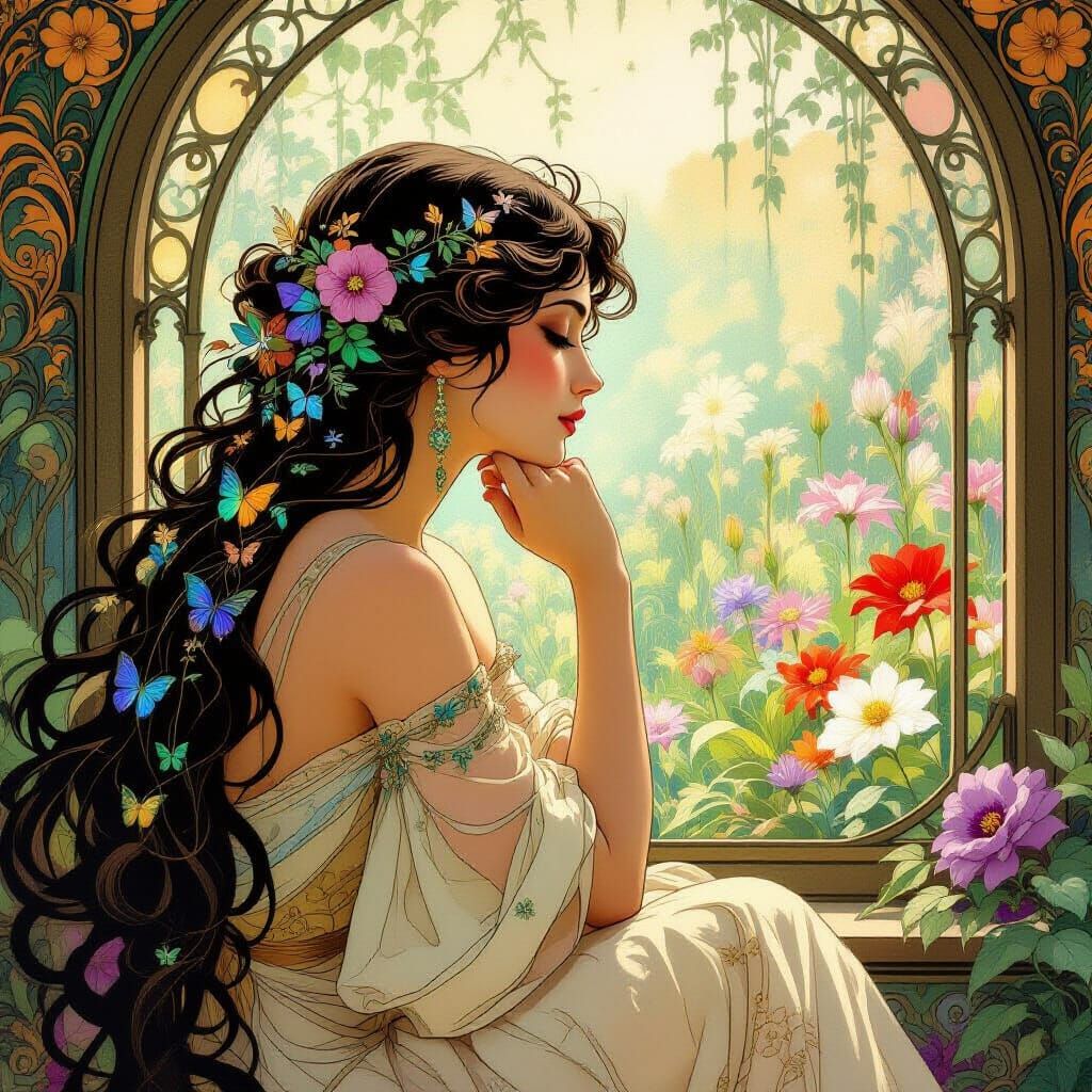 Art Nouveau Woman with Floral Hair and Beetle Wings