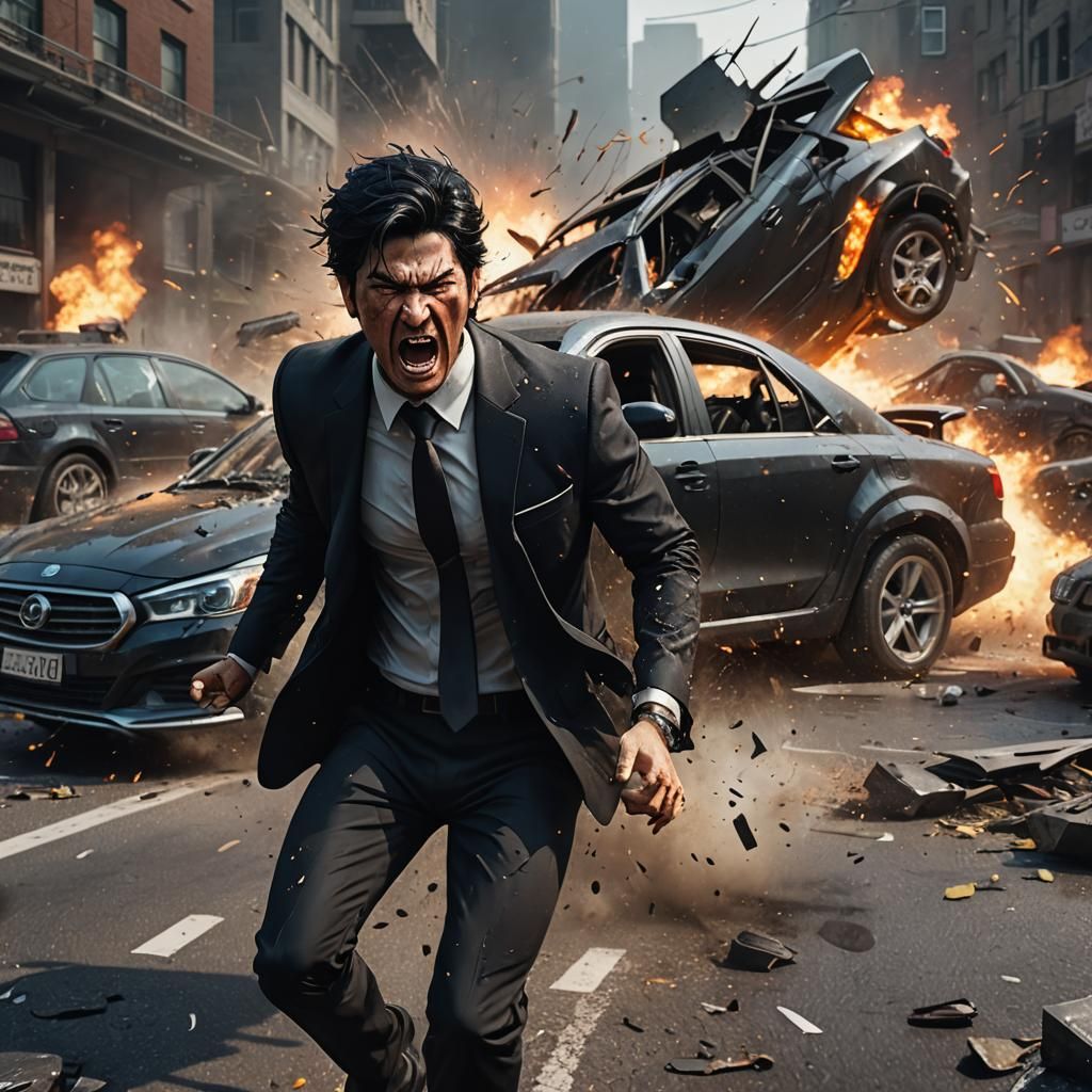 Man in Black Suit Displaying Extreme Anger