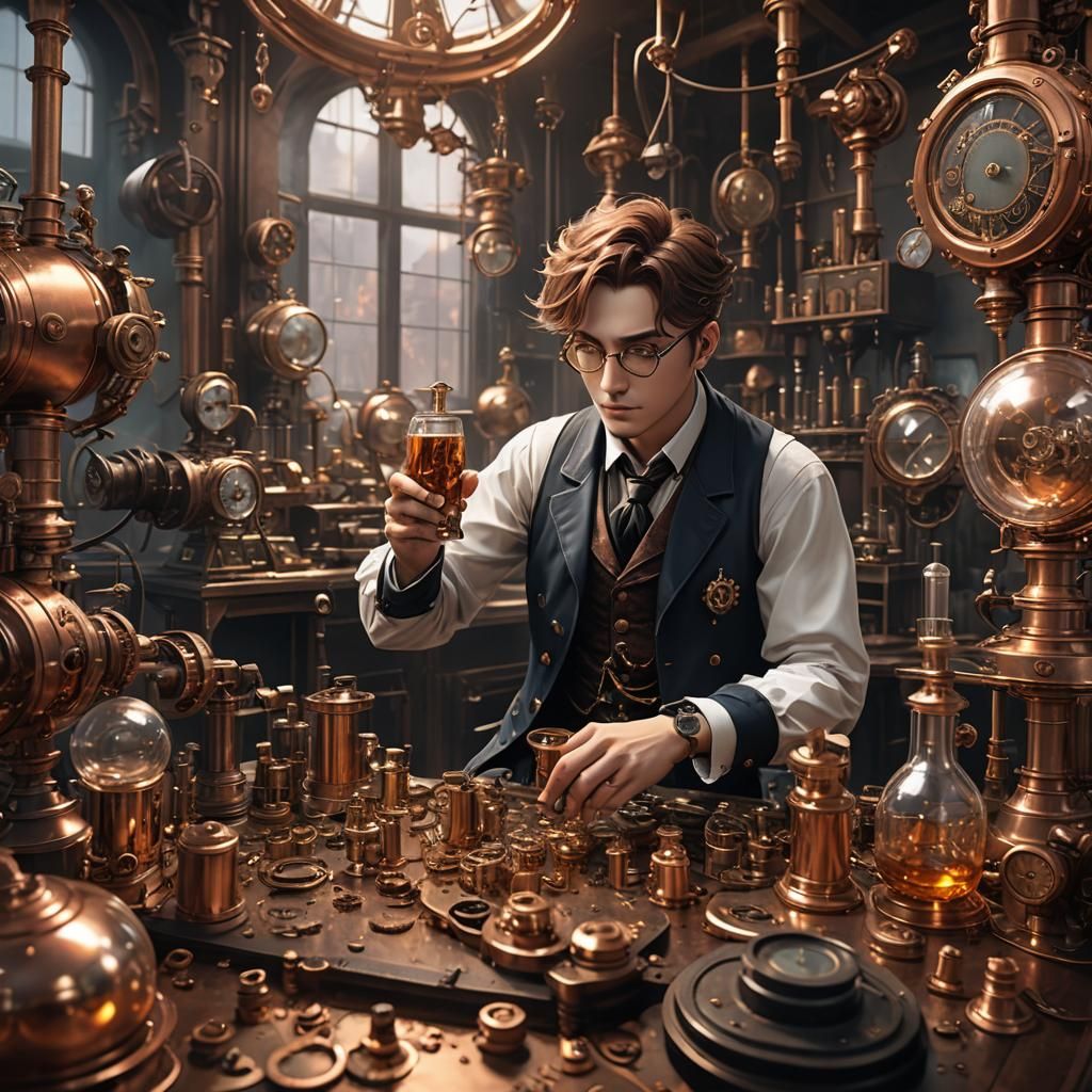 Steampunk Inventor Melds with Invention in 3D Anime Style