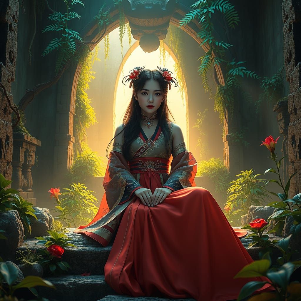 Regal K-Pop Idol in Dreamlike Temple Setting