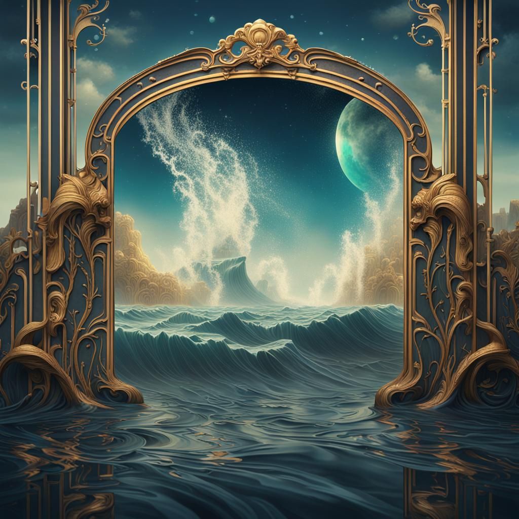 Misty Ocean Waves Mirrored in Sky, Art Nouveau