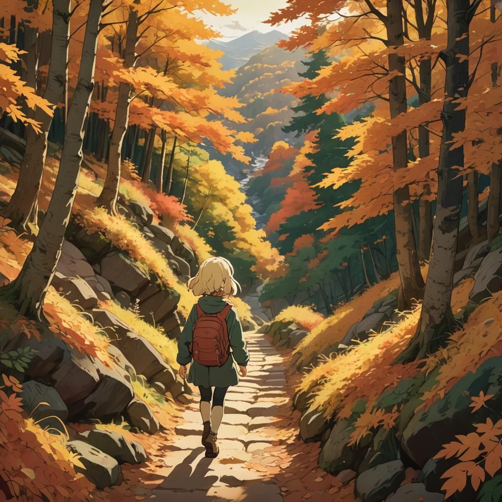 Girl Hiking in Autumn Woods, Studio Ghibli Style