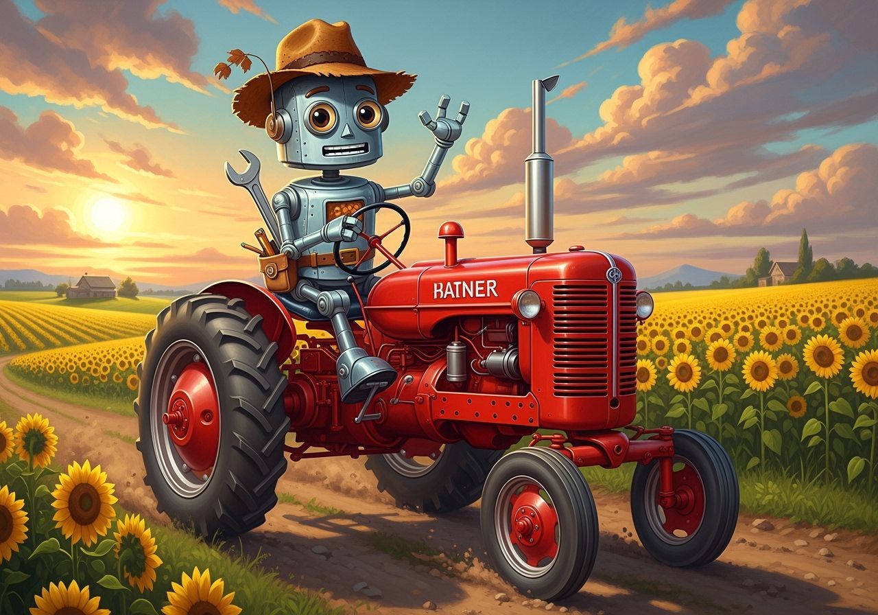 Whimsical Robot Farmer Drives Vintage Tractor