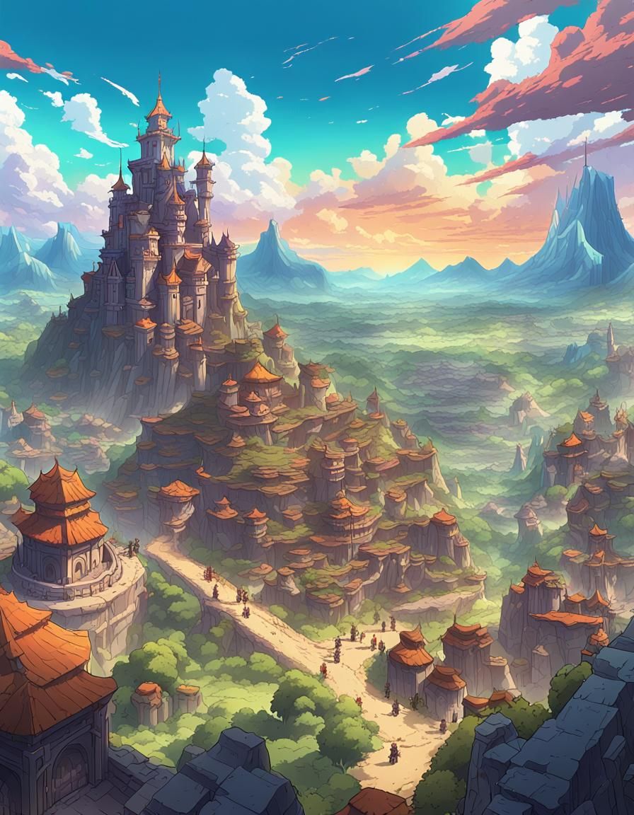 Panoramic Fantasy World at War in Anime Style