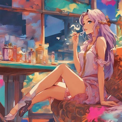 Modern Girl Smoking Cigar in Ink Splash Art