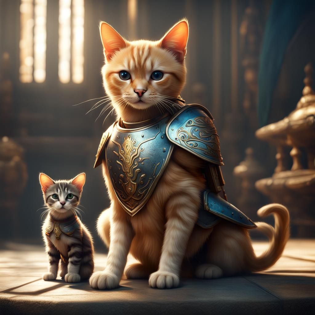 Armored Cat and Dog Guarding Squid Baby