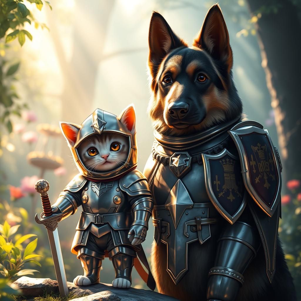 Armored Kitten and Shepherd Unite in Mystical Forest