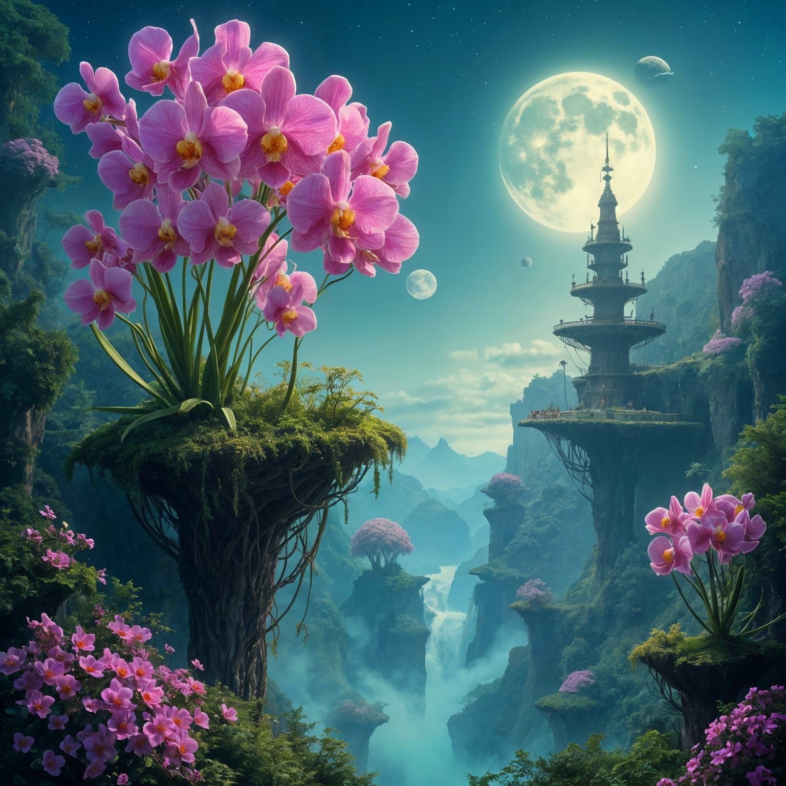 Surreal fantasy art, hyperdetailed hyper-realistic photo-realism. Gravity-woven islands float through space-mist current...