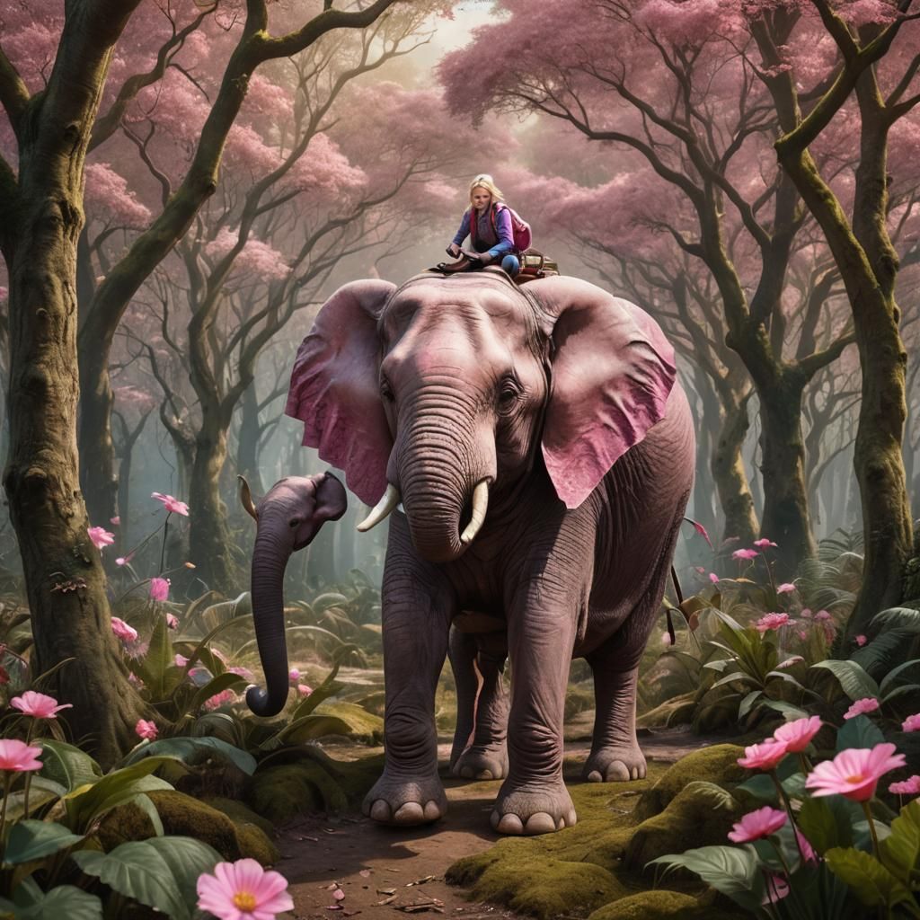 Gnome on Pink Elephant in Forest, Hyperrealistic Photo