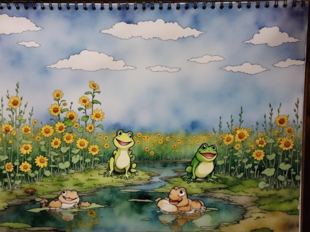 Cartoon Frogs Play in Pond: Pixar-Style 3D Art