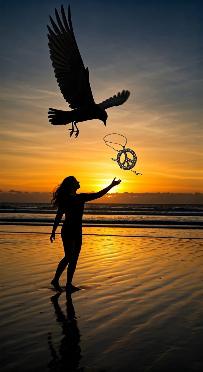 Peaceful Sunset: Bird Drops Peace Symbol