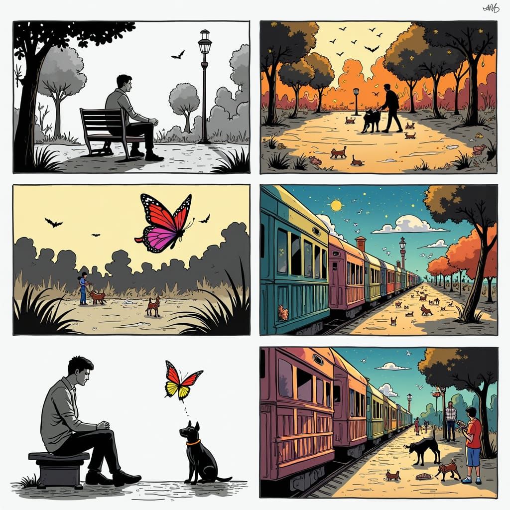 Six-Panel Comic: Whimsical Storytelling and Cinematic Panels