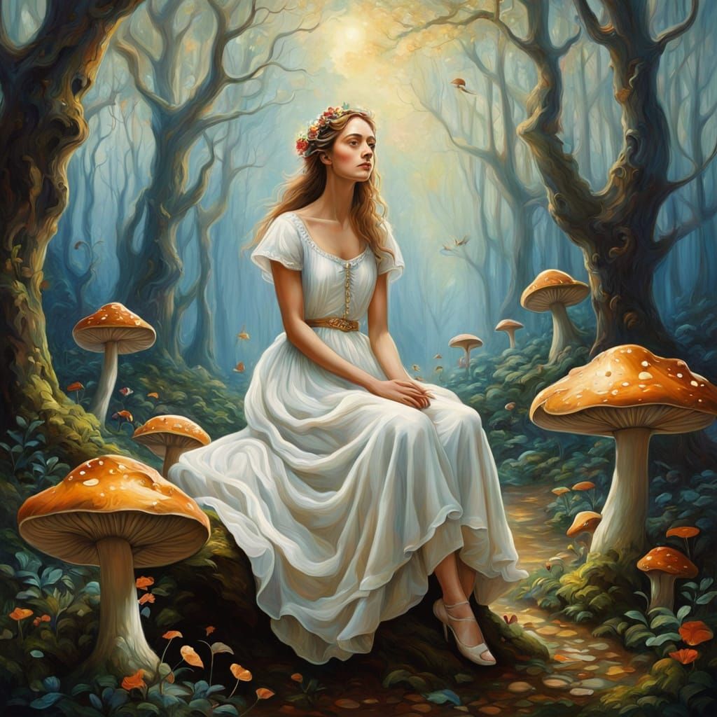 Surreal Oil Painting of a Woman in a Fantastical Forest