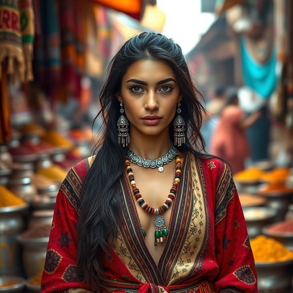 Berber Woman in Marketplace, Photorealistic Editorial Portra...