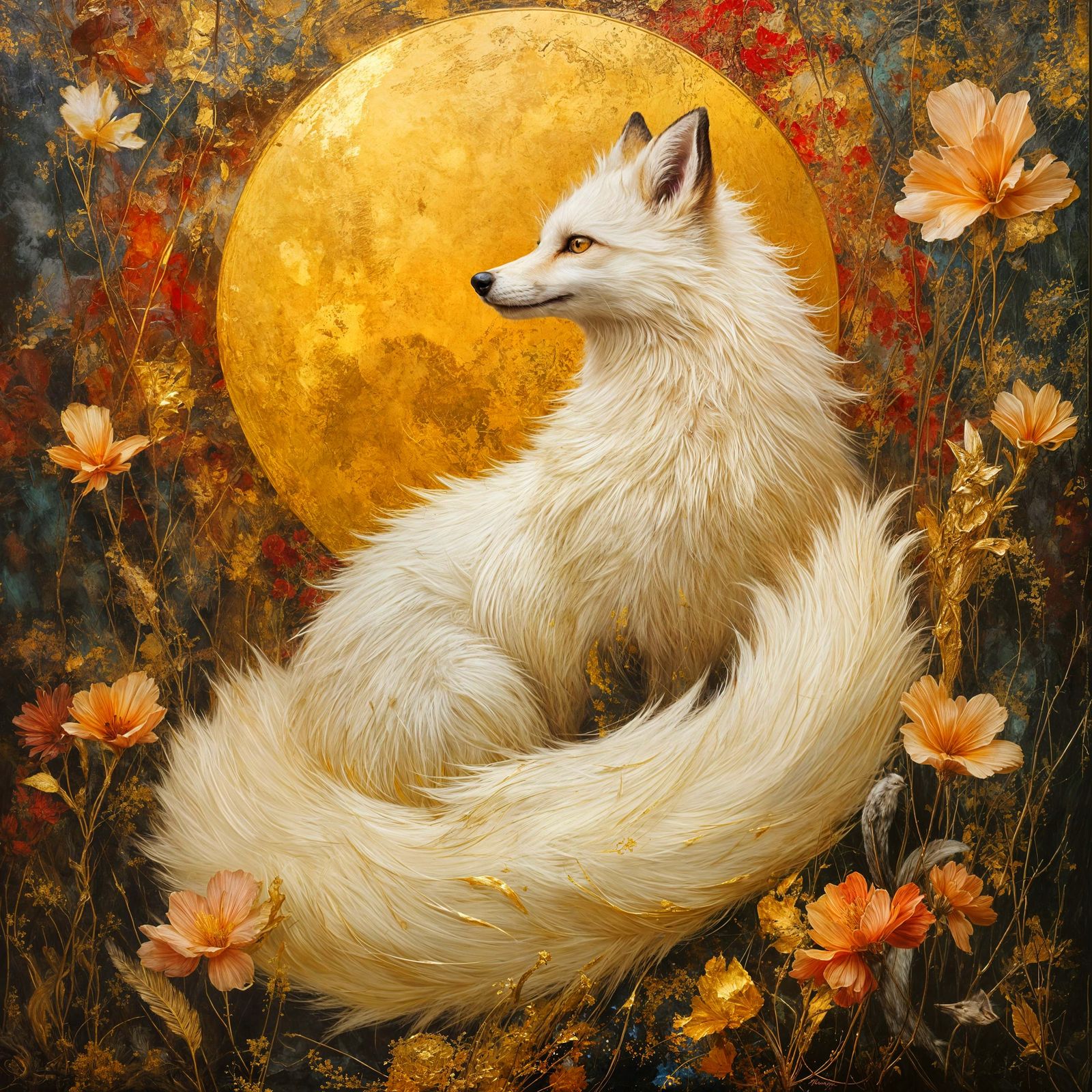 Majestic Fox with Gold Kintsugi in Art Nouveau Style