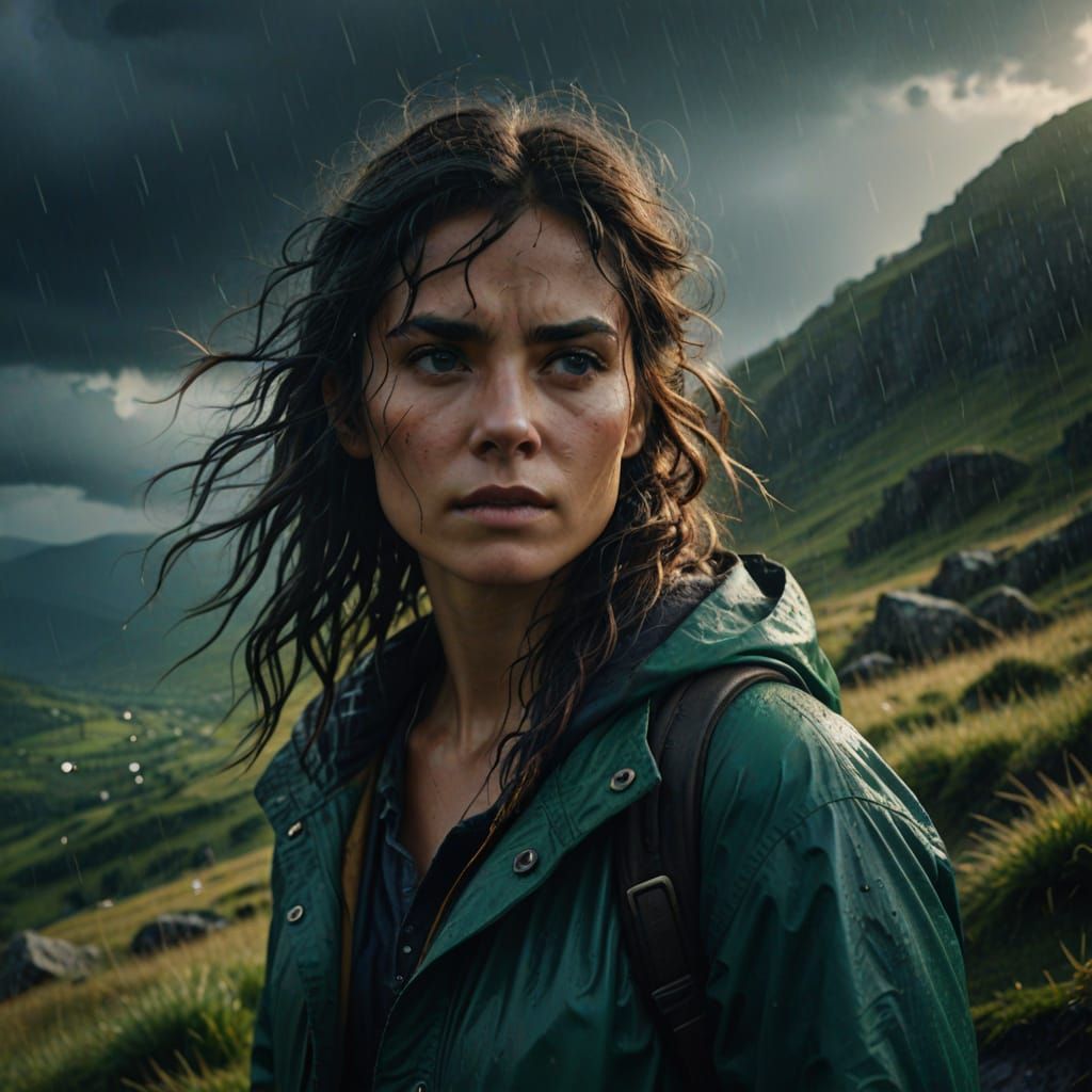 Woman in Stormy Mountains: Cinematic Film Still