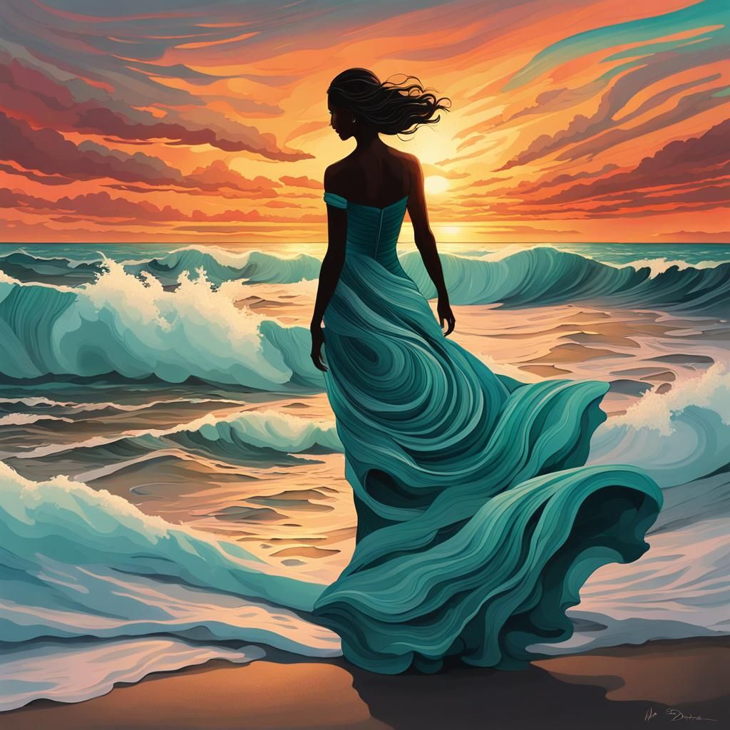 Sunset Waves Morphing into Lady Silhouette, Digital Art