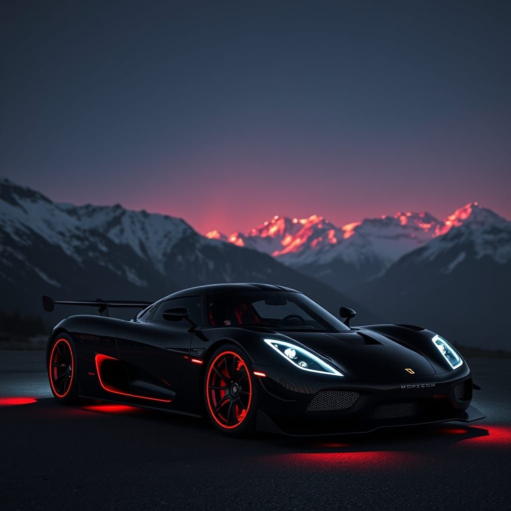 Sleek Hypercar Illuminates Neon Mountains at Night