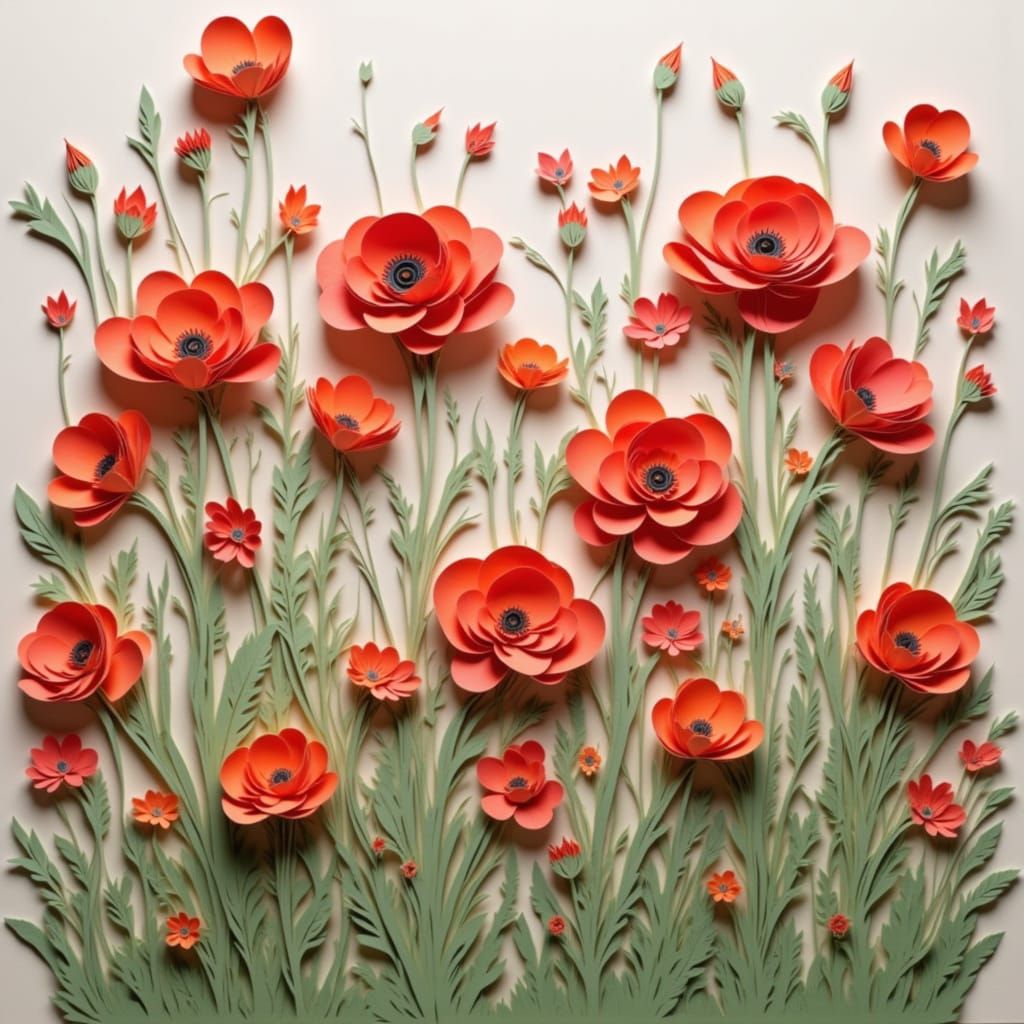Kirigami Poppies in a Vibrant Field