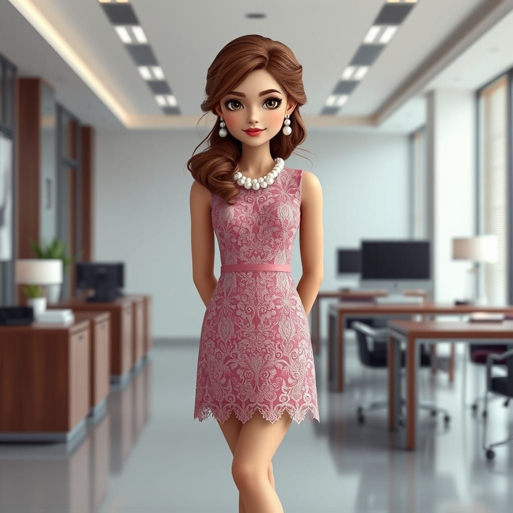 Elegant Young Woman in Pink Lace Dress, High-Definition Matt...