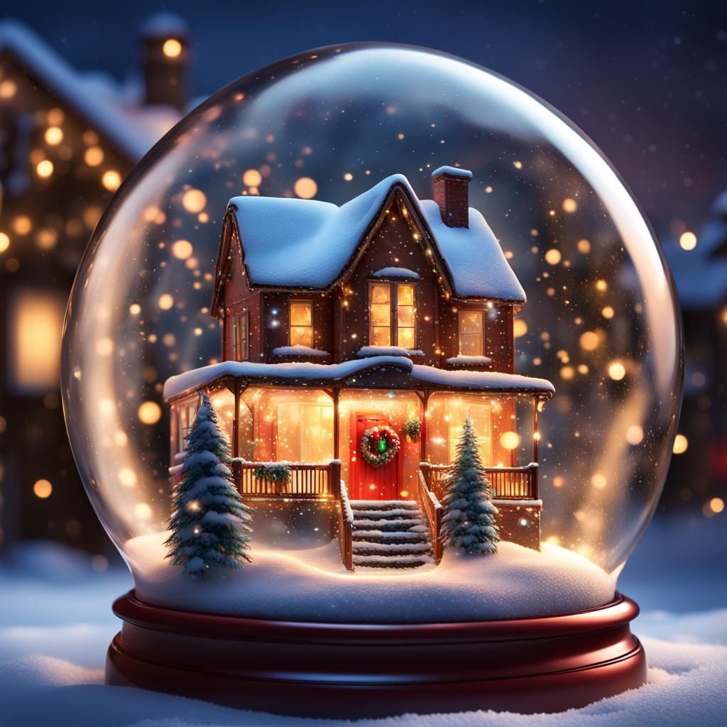 Christmas Lights in Snow Globe: Hyperrealistic Splash Art