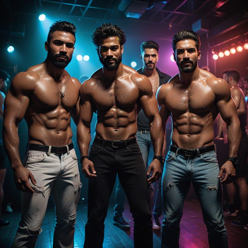 Three Muscular Men Dancing in a Vibrant Gay Nightclub