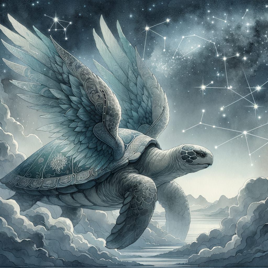 Giant Winged Turtle Soaring Through Starry Night Sky