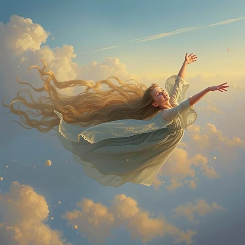 Girl Falling with Serene Wonder in Golden Light