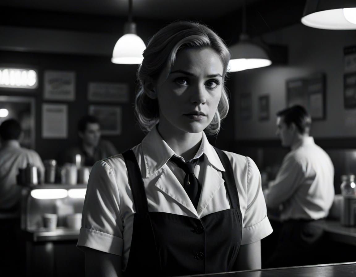 Worried Waitress in Noir Film Still