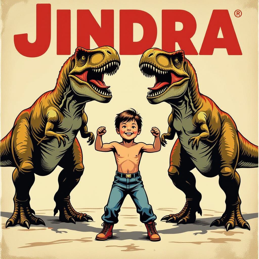 Boy Between T-Rexes on Vintage Wrestling Poster