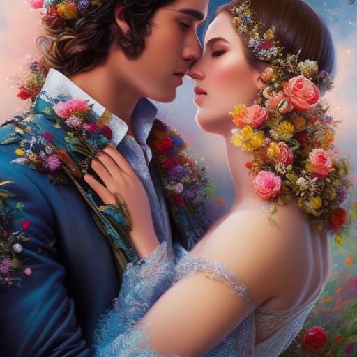 Fiery Loving Couple with Burning Heart in Gouache Style