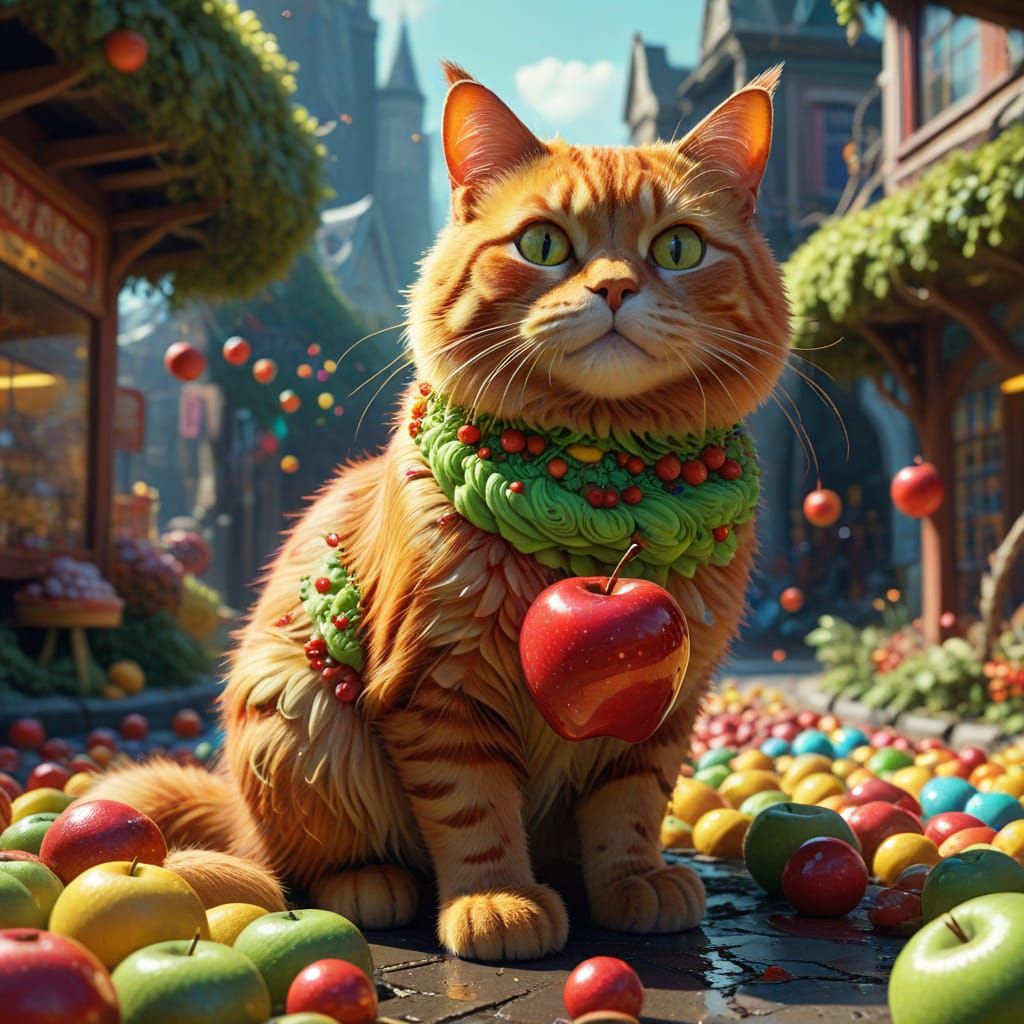 Vibrant Whimsical Cat in Candyland Landscape, Artstation-Sty...
