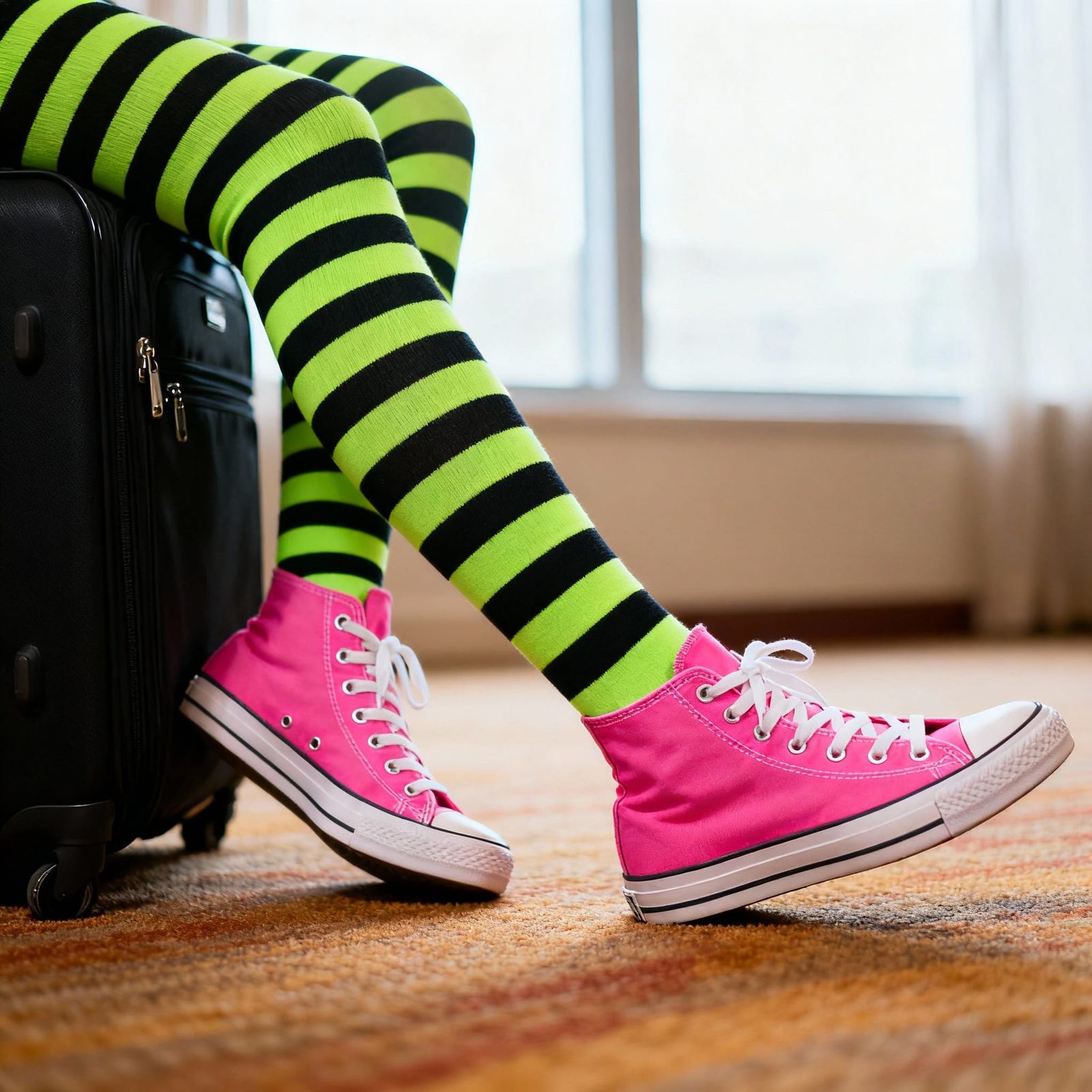 Neon Striped Tights & Hot Pink Sneakers: Casual Legs Shot